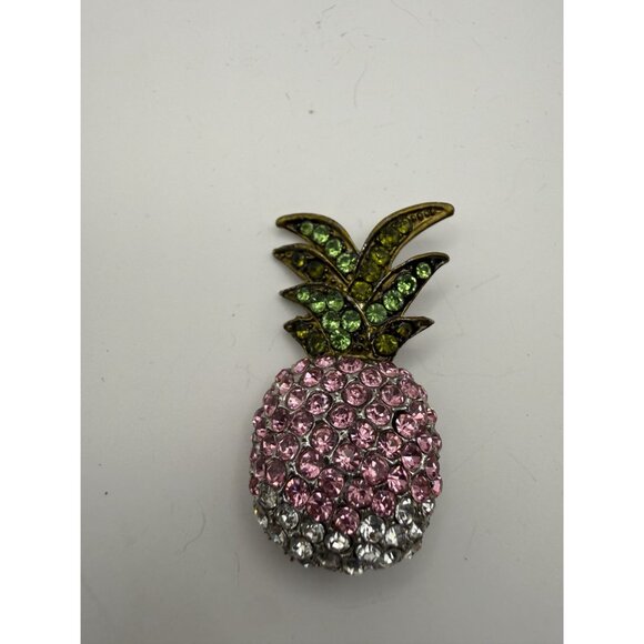 VTG Rhinestone Pineapple Brooch – Pink Green Crystal Fruit Pin - Picture 2 of 6